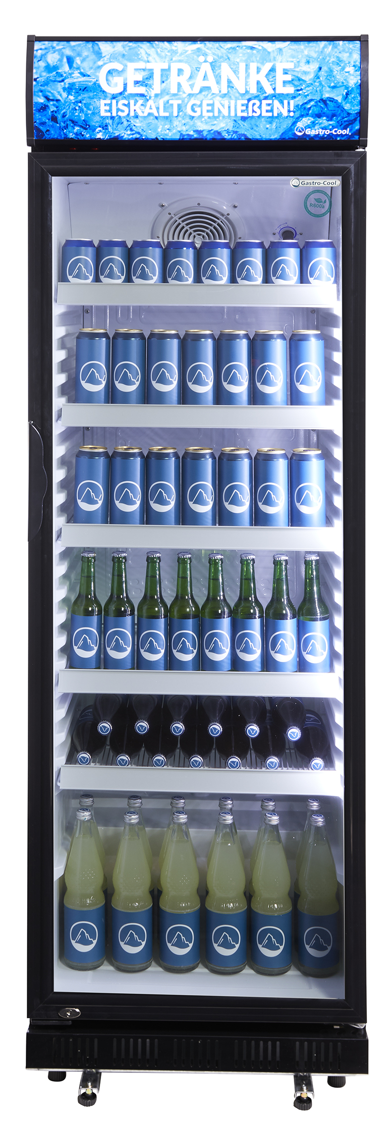 Gastro-Cool -Werbekühlschrank mit Display - schwarz/weiß - GCDC400 - frontal gefüllt