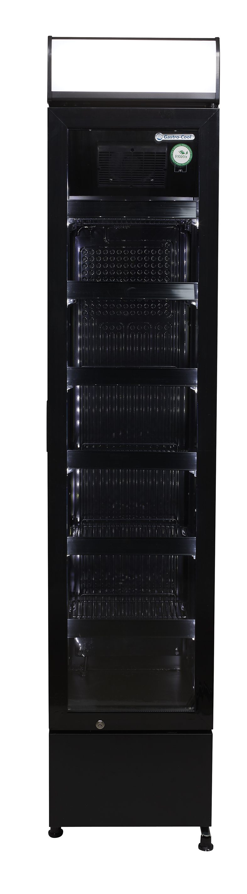 Gastro-Cool - GCDC130 schmaler Werbekühlschrank in schwarz - power LED - frontal leer